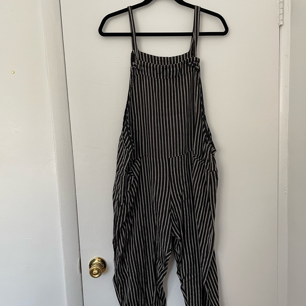 100% linen gray and black striped jumpsuit